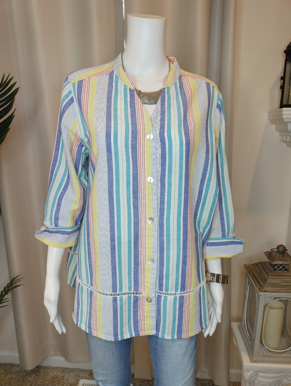 SYMPLE NYC LINEN BLEND STRIPED BUTTON FRONT TOP, L